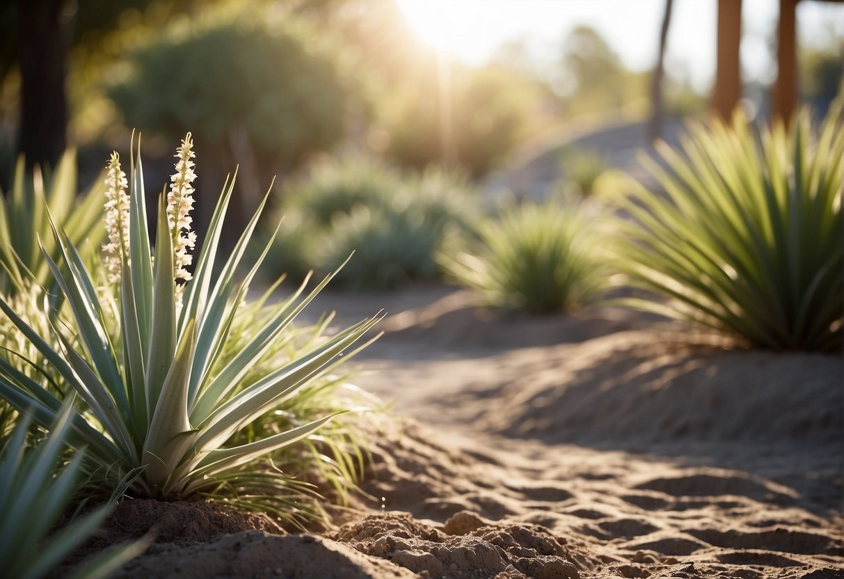 A sunny garden with sandy, well-drained soil, featuring yucca plants thriving in USDA hardiness zones 4-11