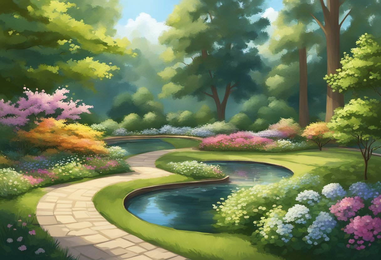 A serene garden with a winding path, blooming flowers, and a tranquil pond, surrounded by tall trees and dappled sunlight