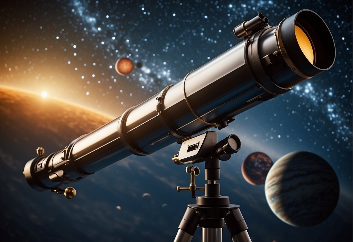 A telescope points towards a starry sky, with planets orbiting around it. Data charts and graphs are displayed in the background, showcasing the impact of the Kepler Mission on exoplanet discovery