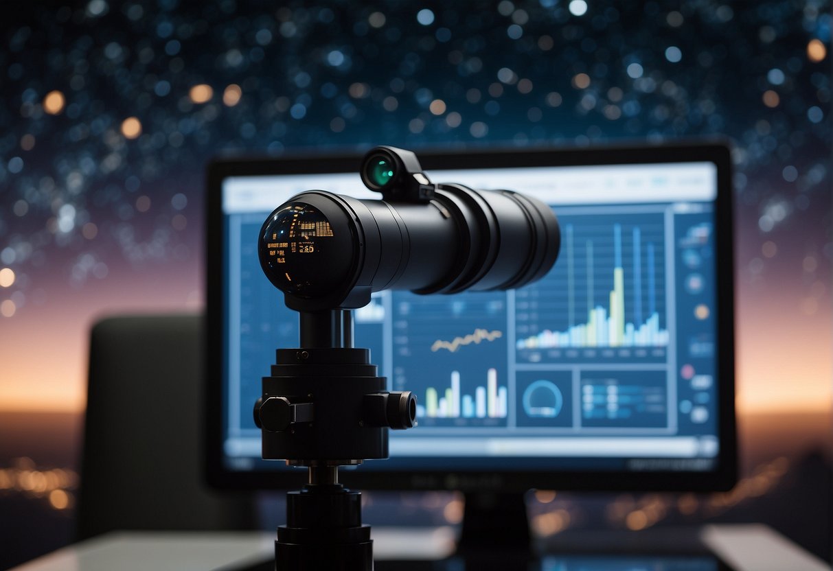 A telescope points towards the stars, with data charts and graphs surrounding it. The image of an exoplanet is displayed on a computer screen, while scientists analyze the findings