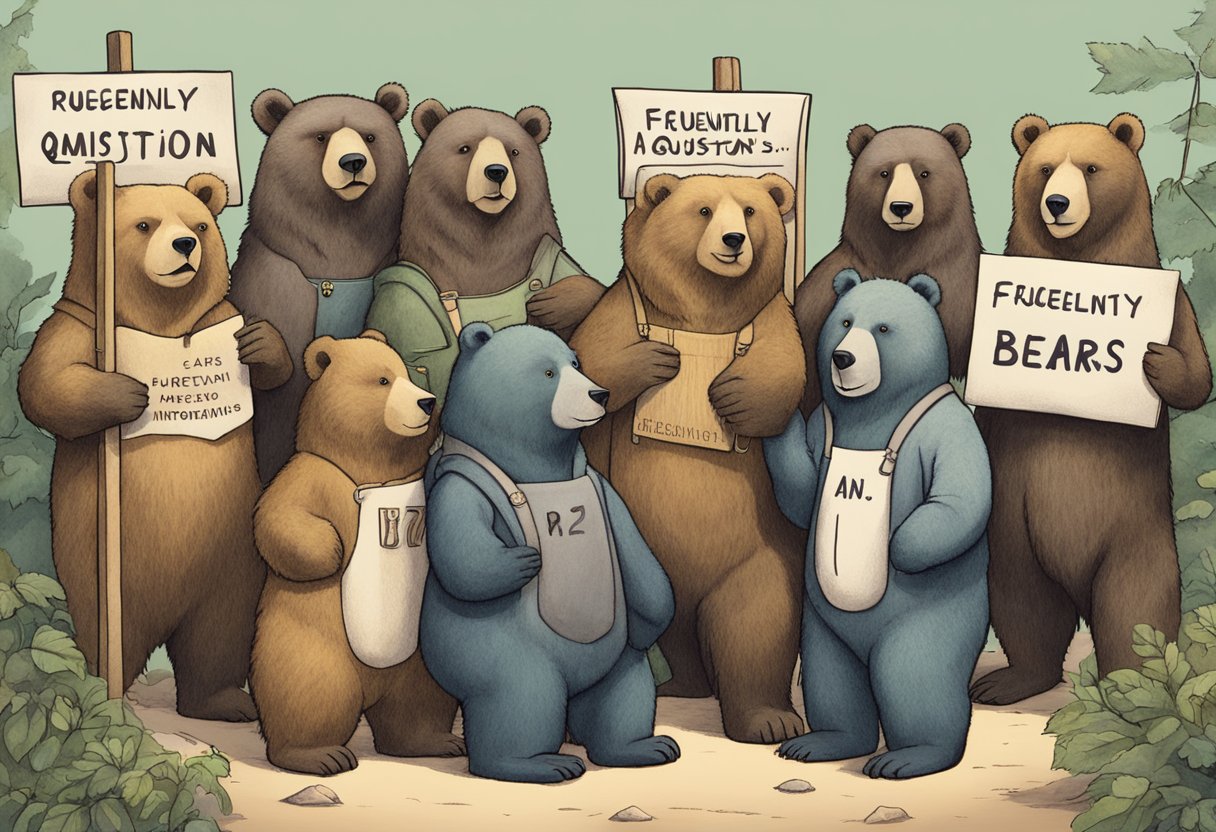 Bears of various species gather around a sign that reads "Frequently Asked Questions about Bears." They appear curious and engaged, with some standing on their hind legs to read the information