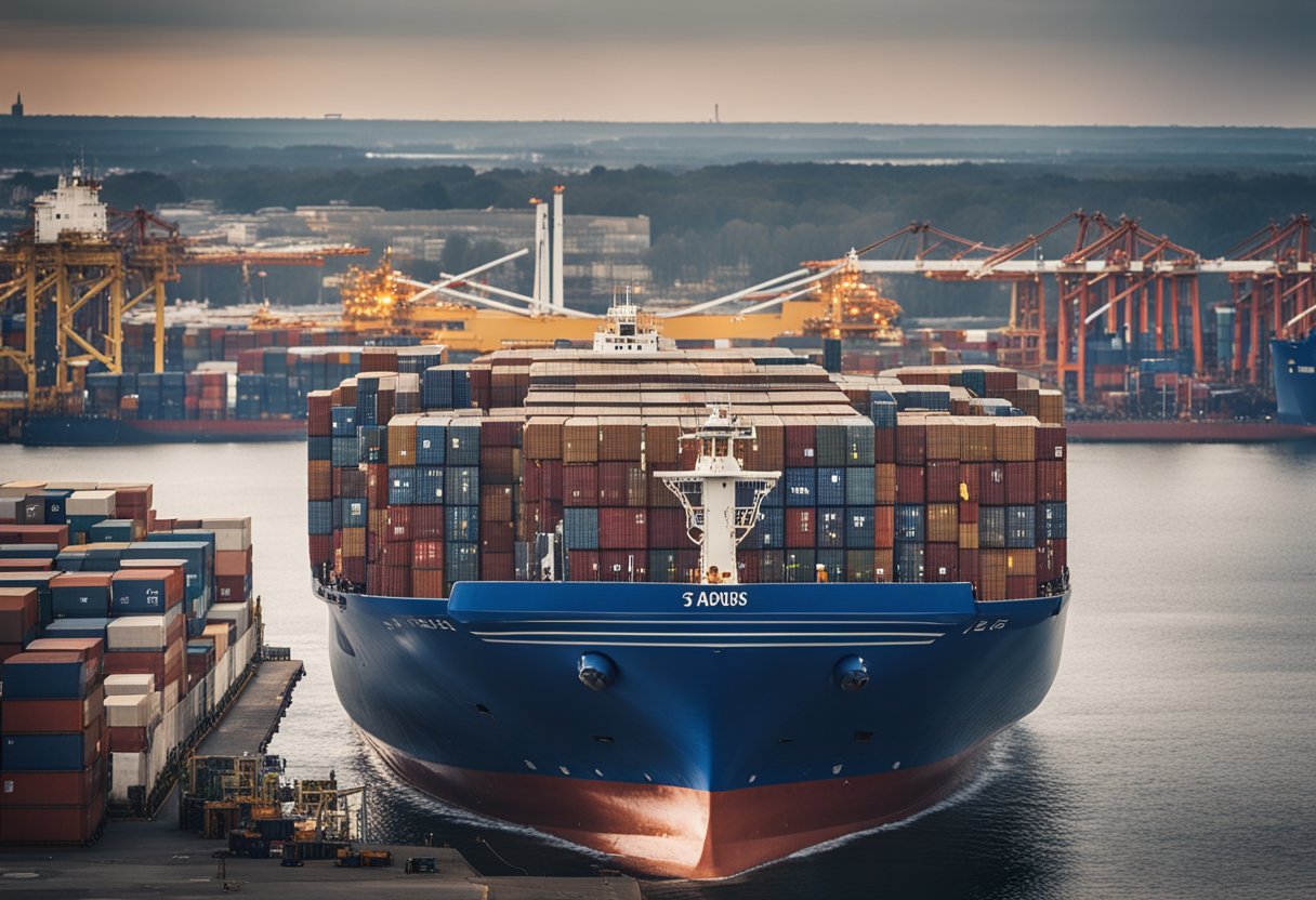 A large cargo ship unloading at the Port of Rostock, with the city of Berlin visible in the distance