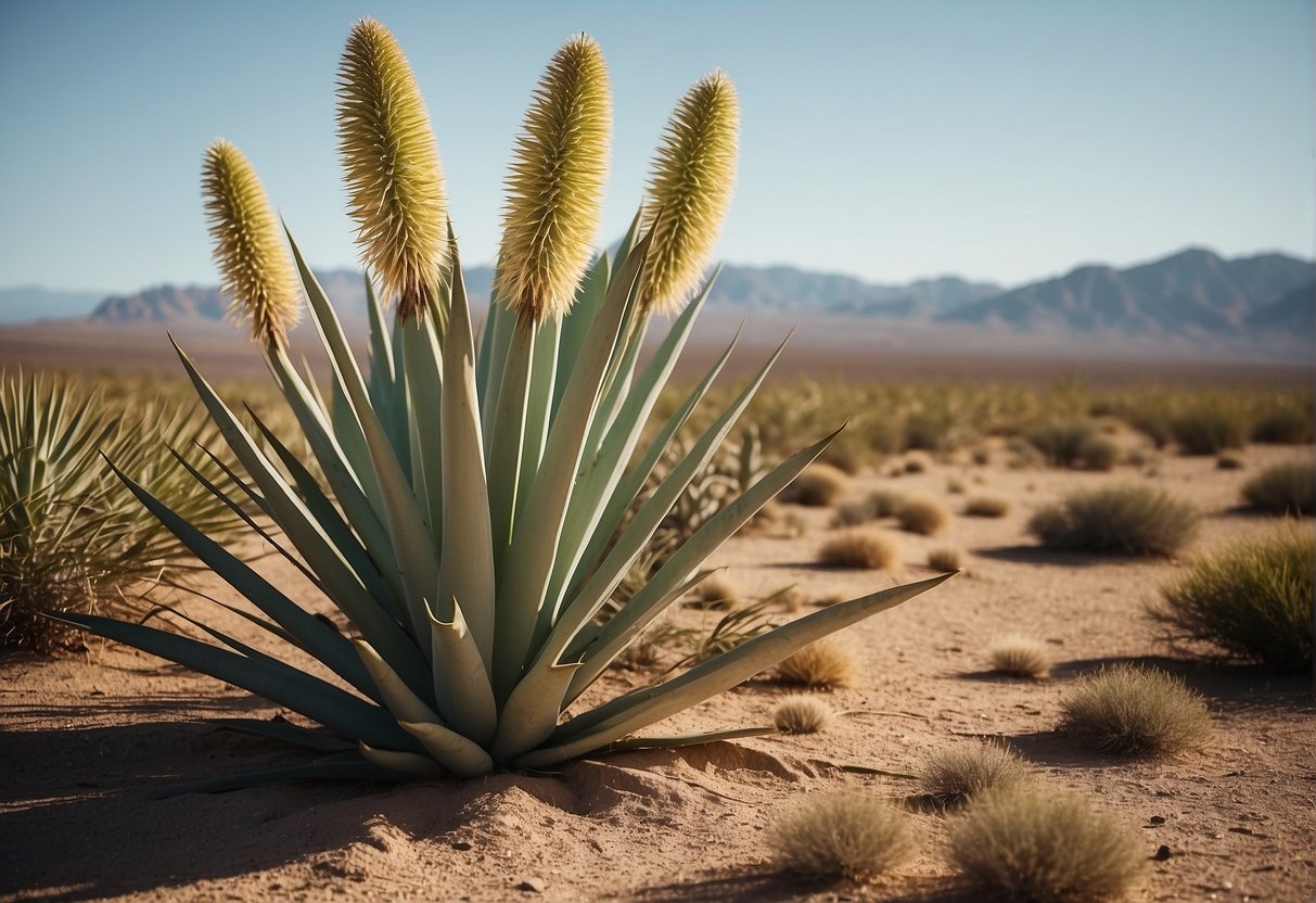 Yucca plants thrive in arid zones, with their long, sword-like leaves reaching towards the sun. The soil is dry and the landscape is dotted with these resilient, drought-tolerant plants