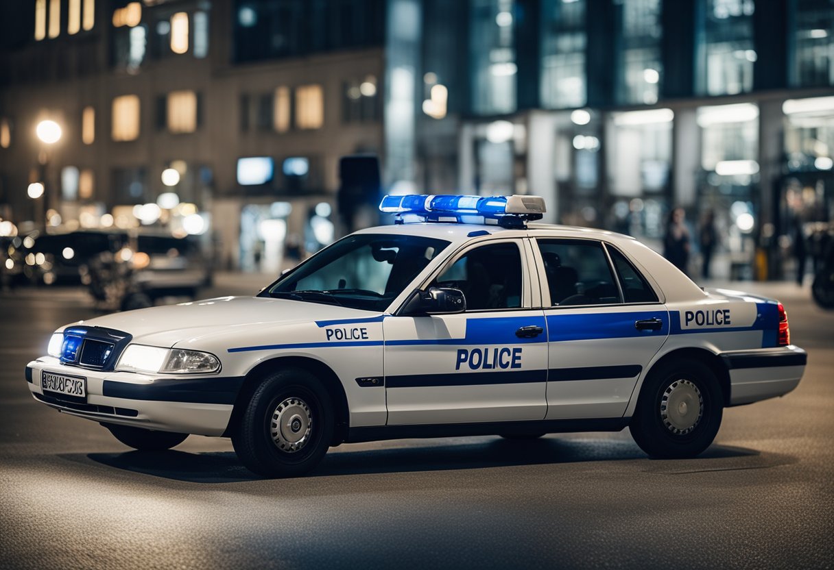 A police car parked on a busy street in Berlin, Germany, with the iconic blue and white colors of the German police force visible on the vehicle