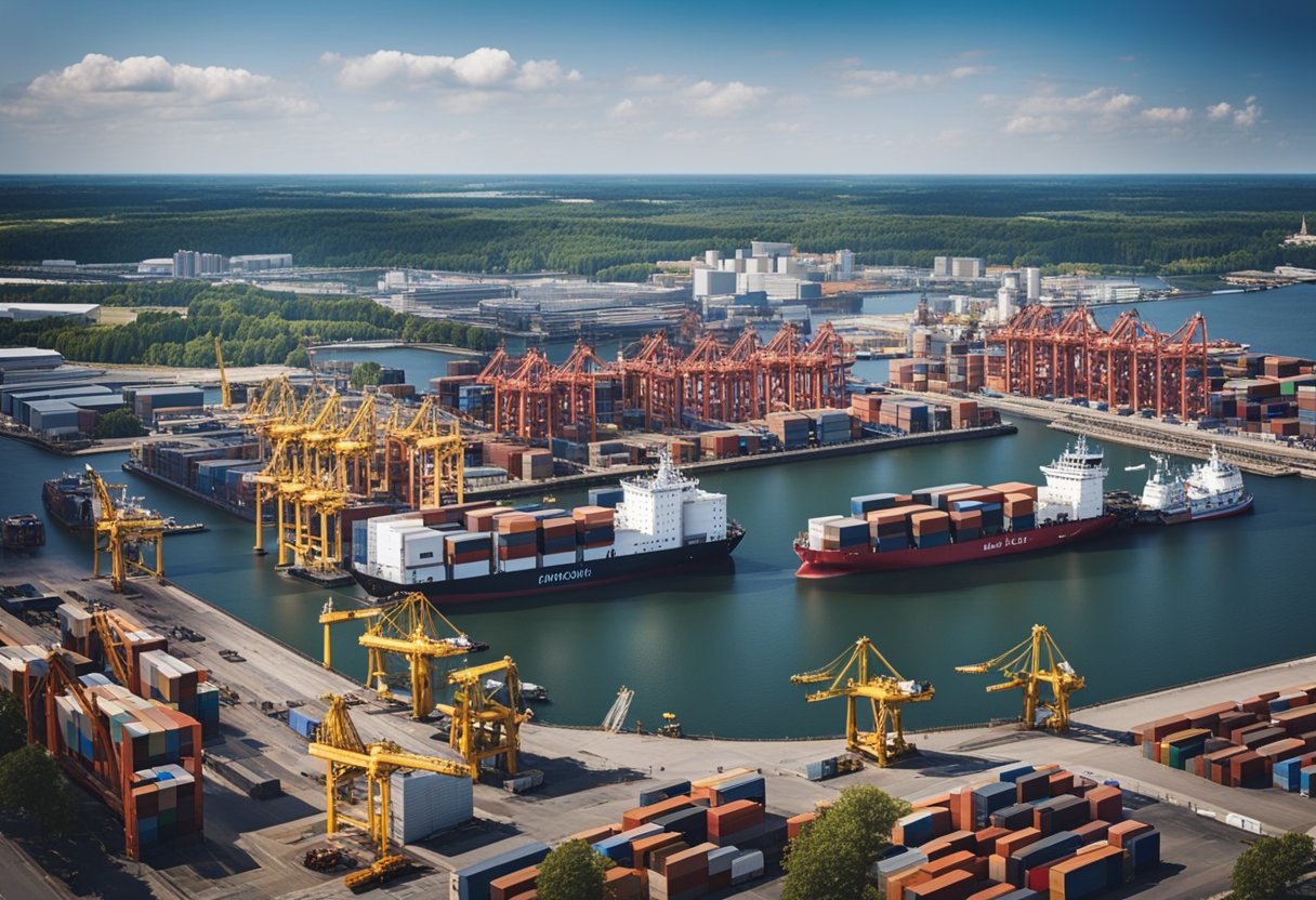 A bustling port city in Germany, located near Berlin, with ships loading and unloading cargo against a backdrop of industrial buildings and cranes