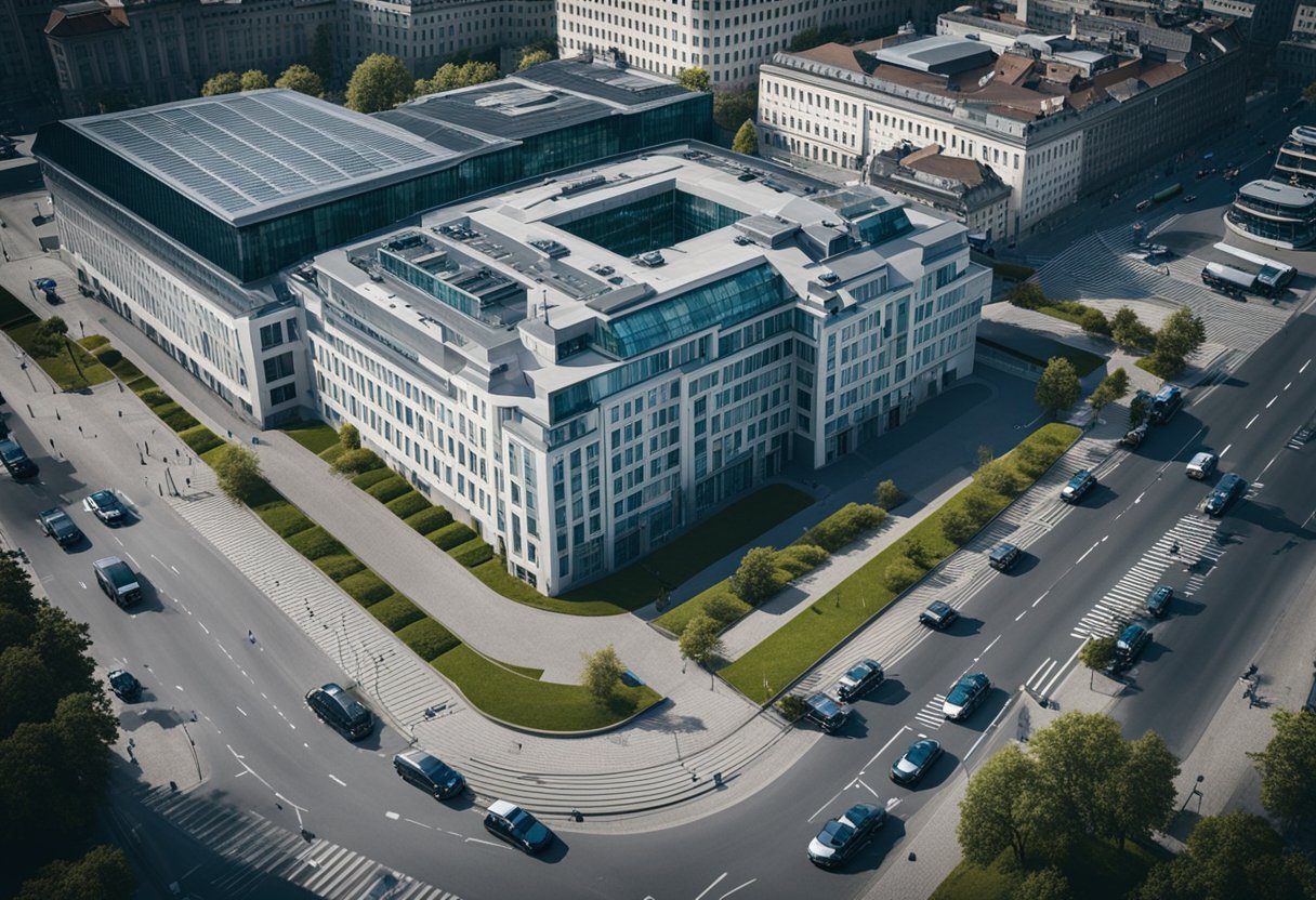 An aerial view of Berlin Police headquarters with patrol cars and officers