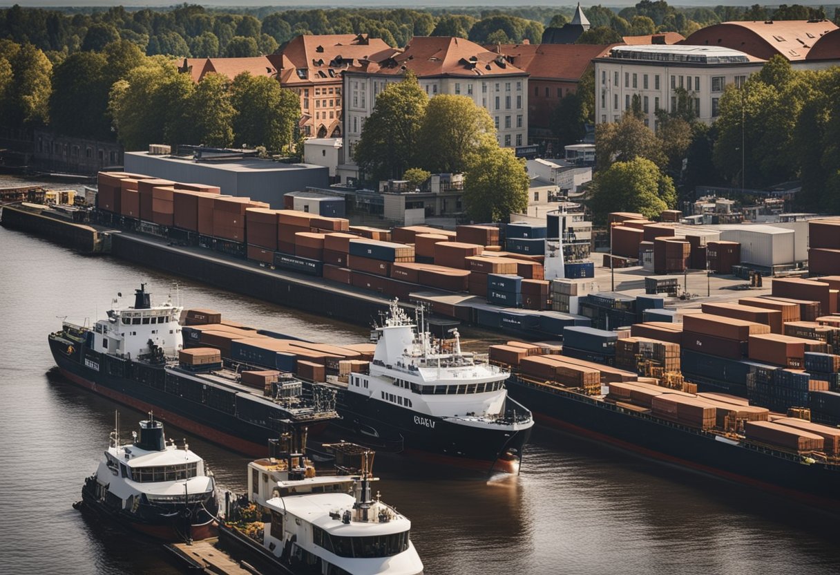 A bustling port on the River Havel, near Berlin, Germany, with ships loading and unloading goods, surrounded by historical buildings