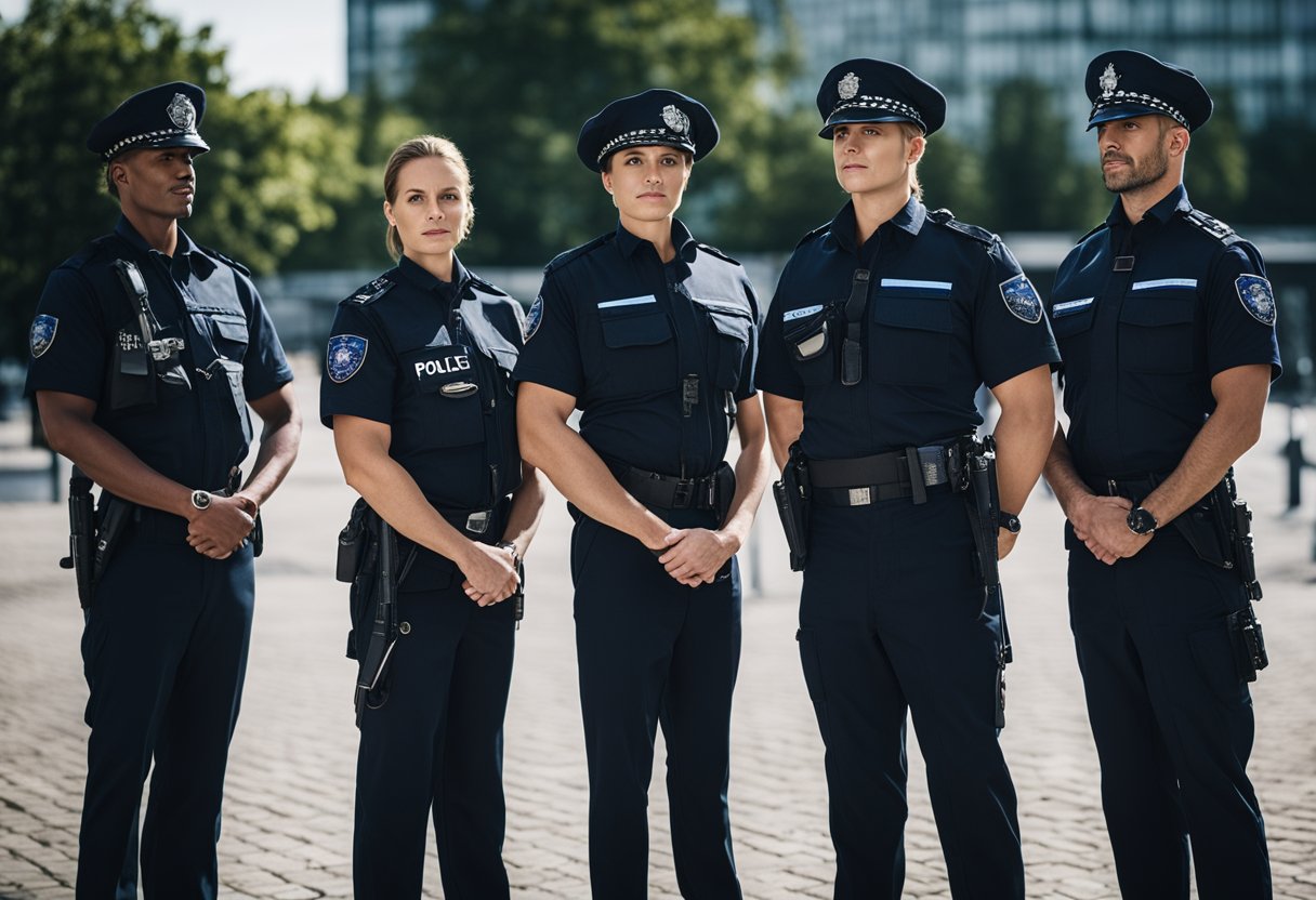 A group of police officers stand in formation, with a clear hierarchy evident. They wear official uniforms and badges, representing the diverse personnel of the Berlin police force