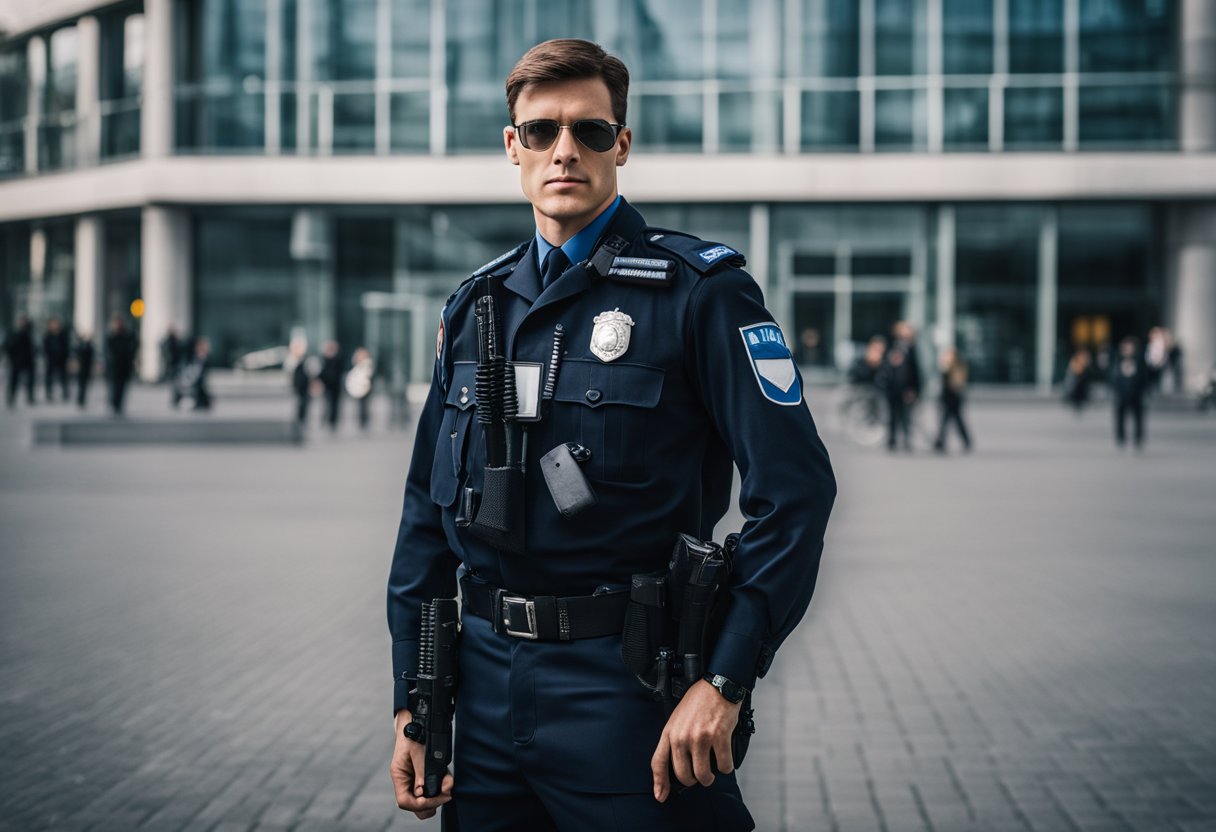 A police officer in Berlin, Germany stands with uniform, equipment, and weapons