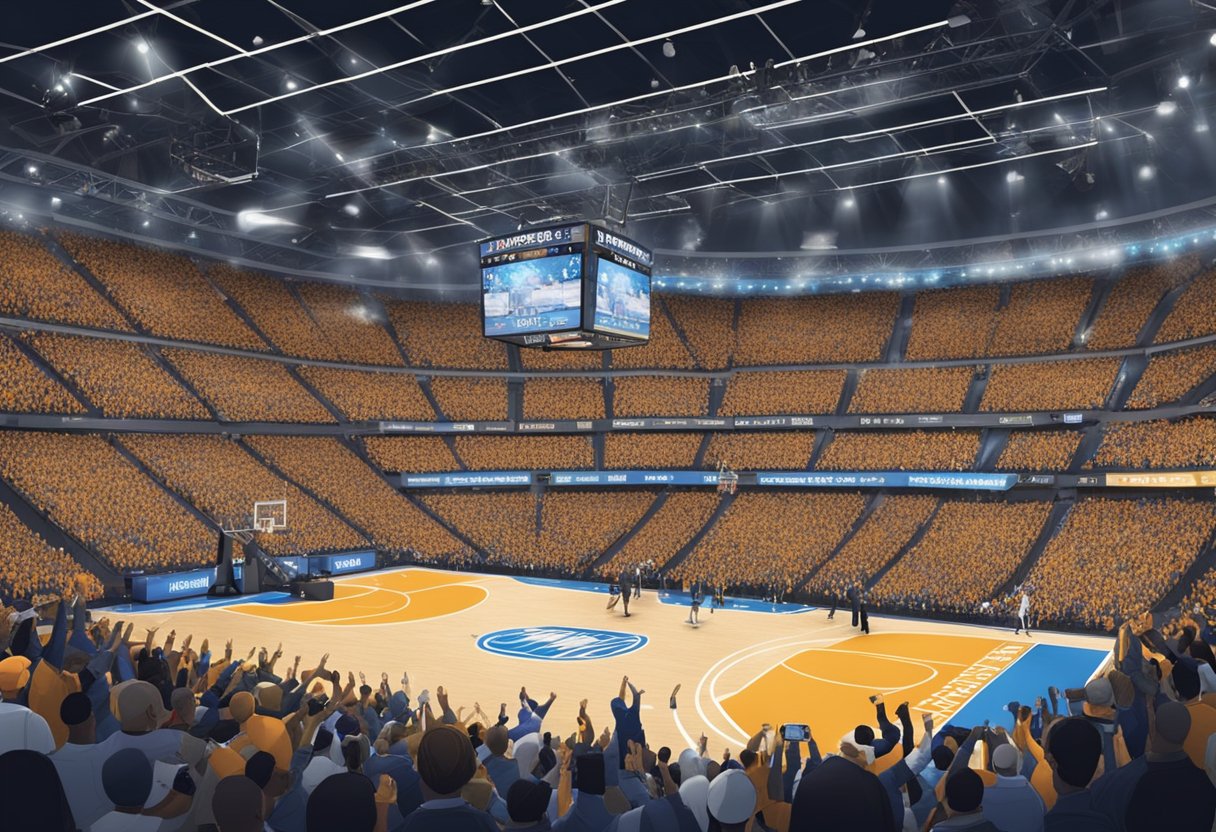 A crowded arena with fans cheering, cameras flashing, and broadcasters reporting on the intense basketball action of March Madness 2024