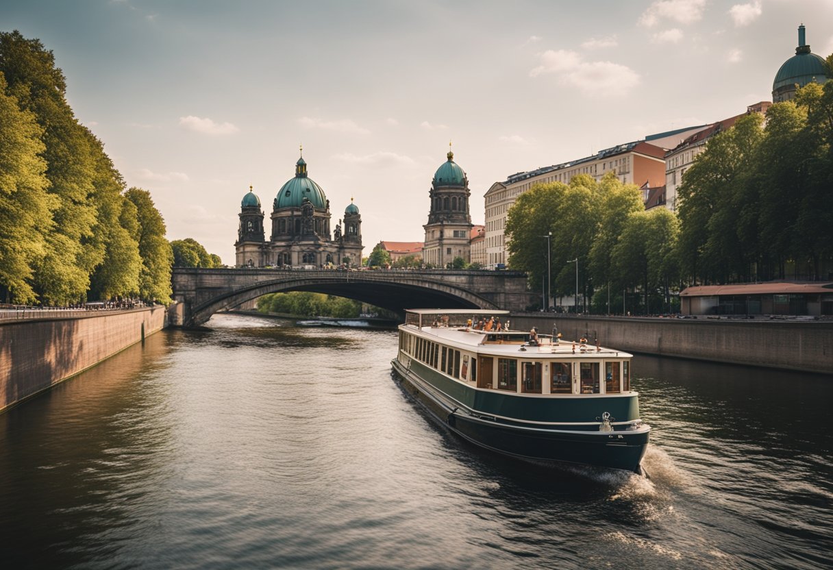 A boat glides along the Spree River, passing under iconic bridges and alongside historic buildings in Berlin, Germany. The city's skyline and lush greenery form a picturesque backdrop for the tranquil waterway