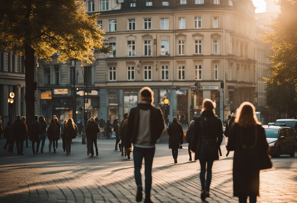 A peaceful Berlin street at dusk, with well-lit buildings and people walking calmly