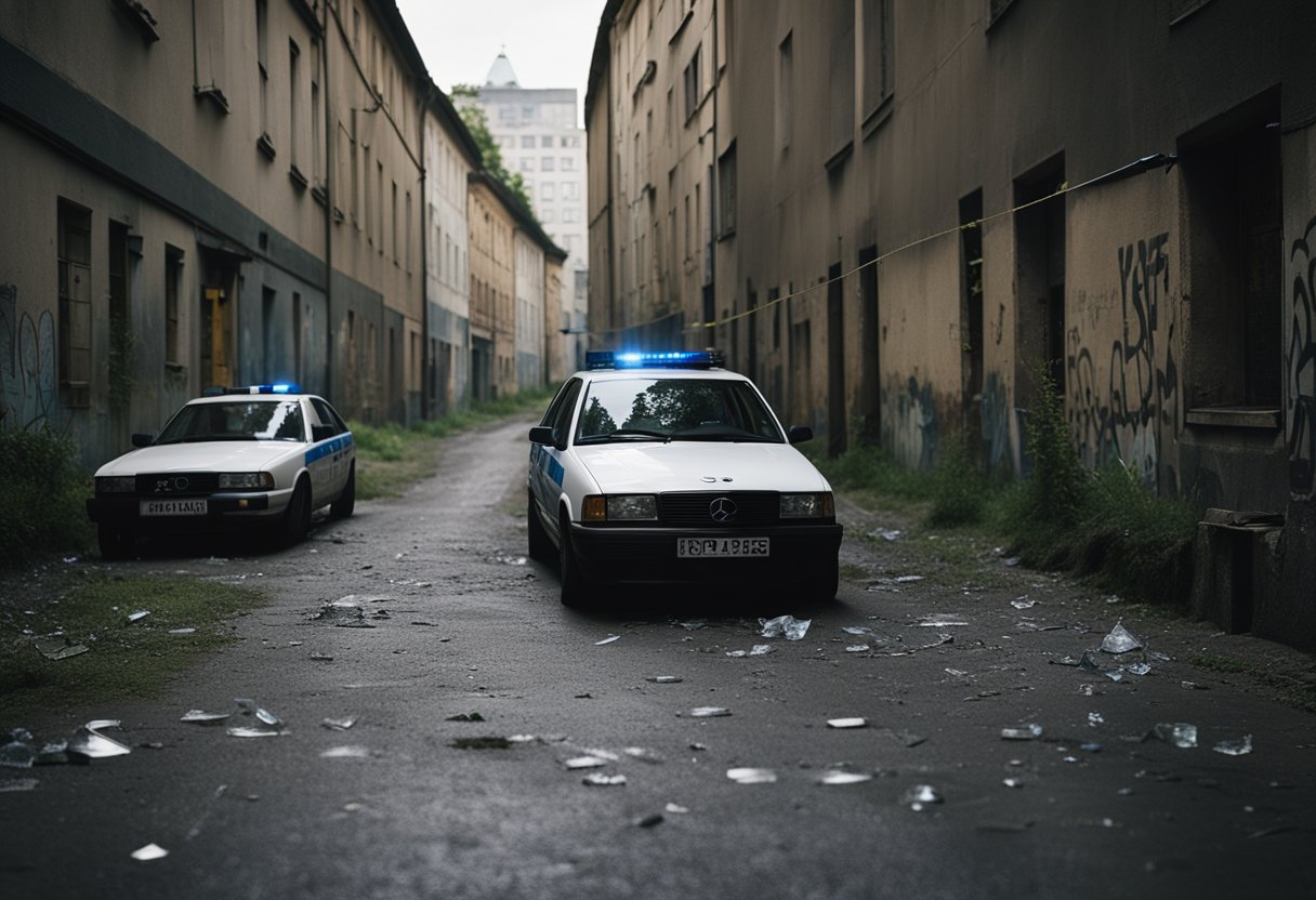 Dark alley, graffiti-covered walls, broken glass, and abandoned vehicles. Police tape and flashing lights mark the crime scene in Berlin, Germany