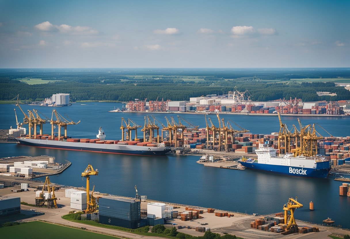 The bustling Port of Rostock near Berlin, Germany, with ships loading and unloading cargo amidst the backdrop of industrial cranes and warehouses