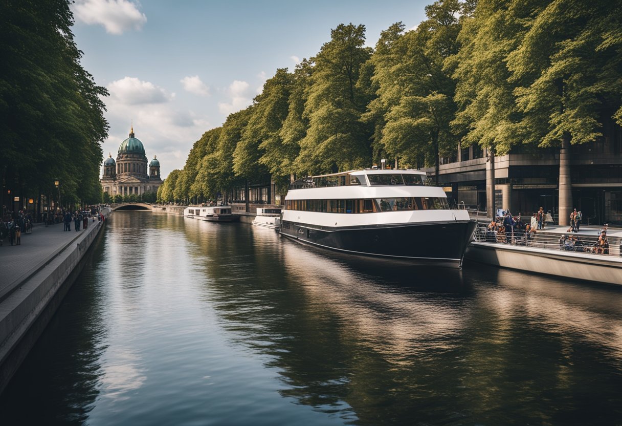 Boats cruise along the Spree River in Berlin, passing by historic landmarks and modern architecture