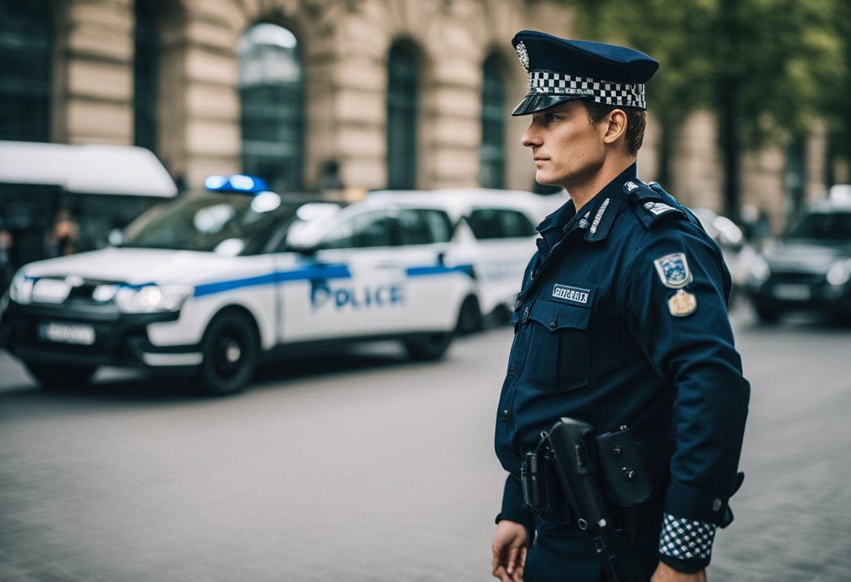 A police officer in Berlin, Germany enforces legal and operational framework