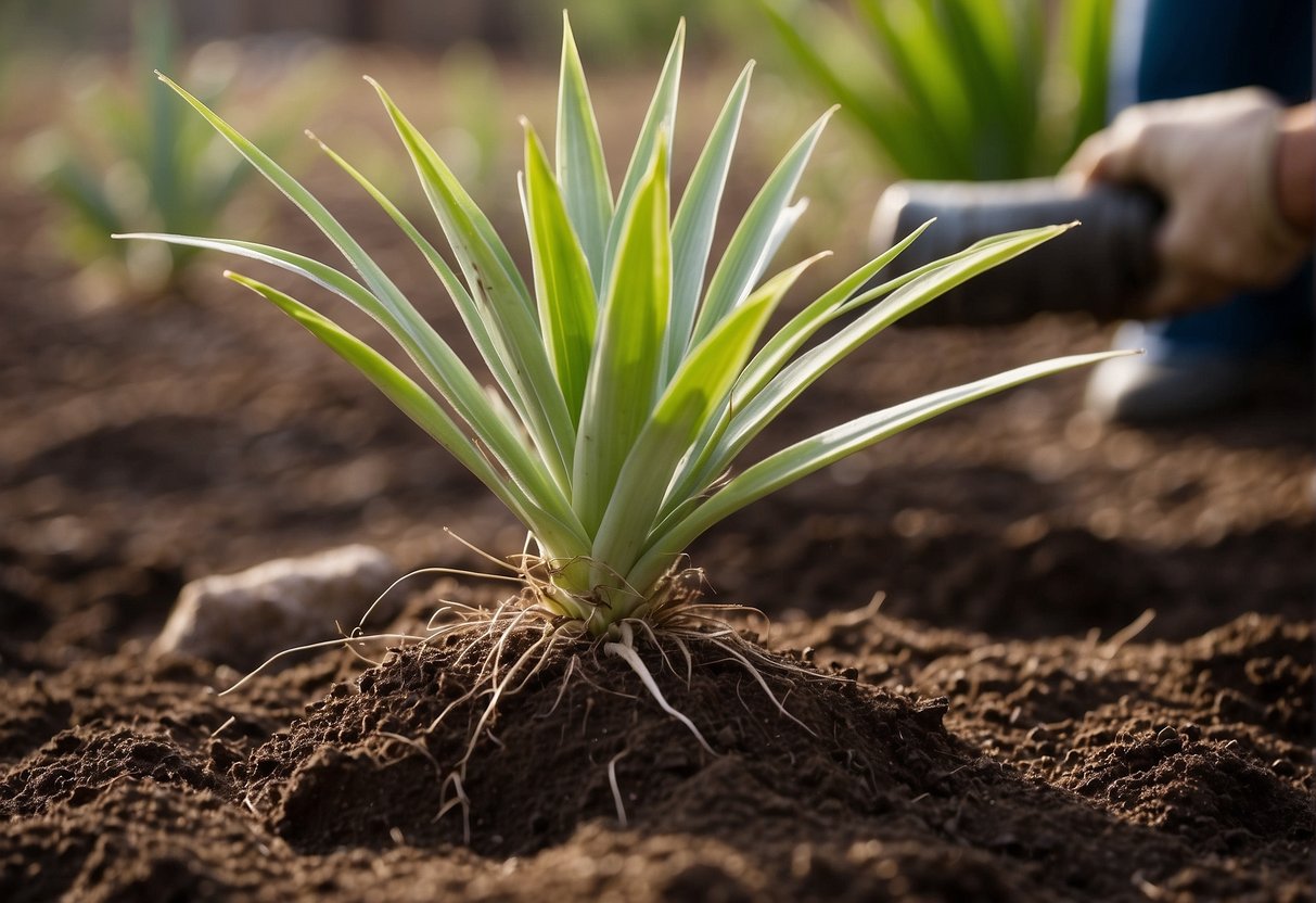 Yucca plant being removed from pot, roots gently untangled, and replanted in fresh soil. Aftercare includes watering and placement in well-lit area