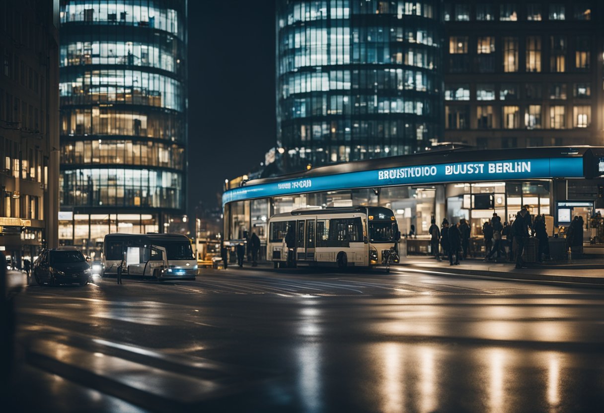 A bustling cityscape of Berlin, with well-lit streets, bustling public transportation, and visible security measures in place