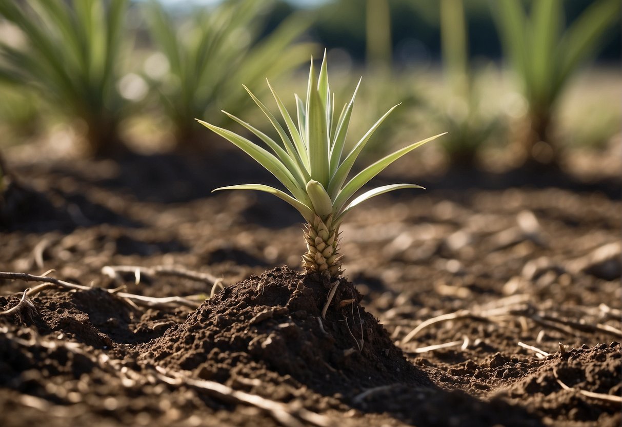A yucca plant being uprooted from soil, with a question mark hovering above it