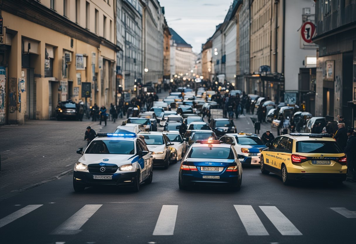 A bustling city street in Berlin, with graffiti-covered walls and police cars patrolling. A sense of tension and unease lingers in the air