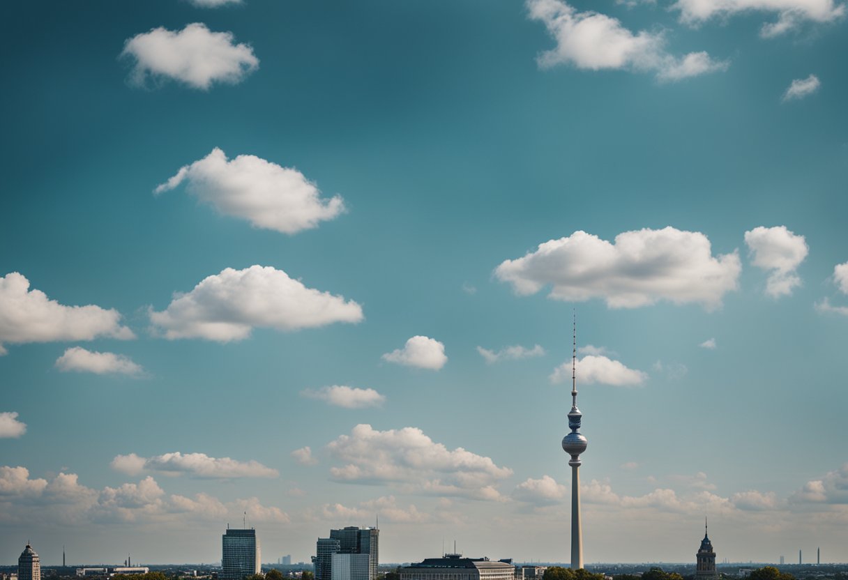 Sunny skies over Berlin, with scattered clouds and a gentle breeze. Temperature is mild, around 20 degrees Celsius