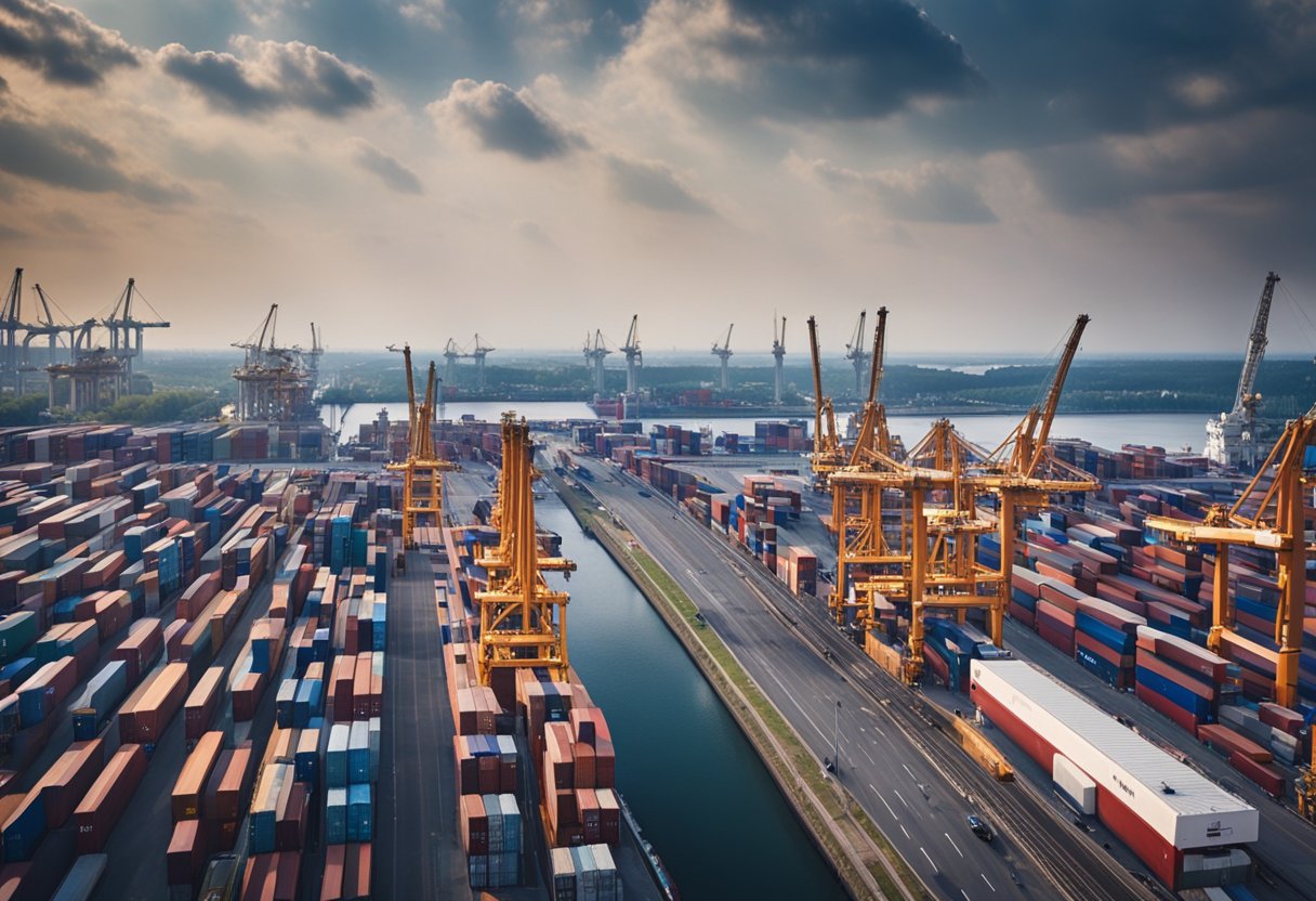 A bustling port sits near Berlin, Germany's capital, with ships unloading cargo and cranes lifting containers onto trucks