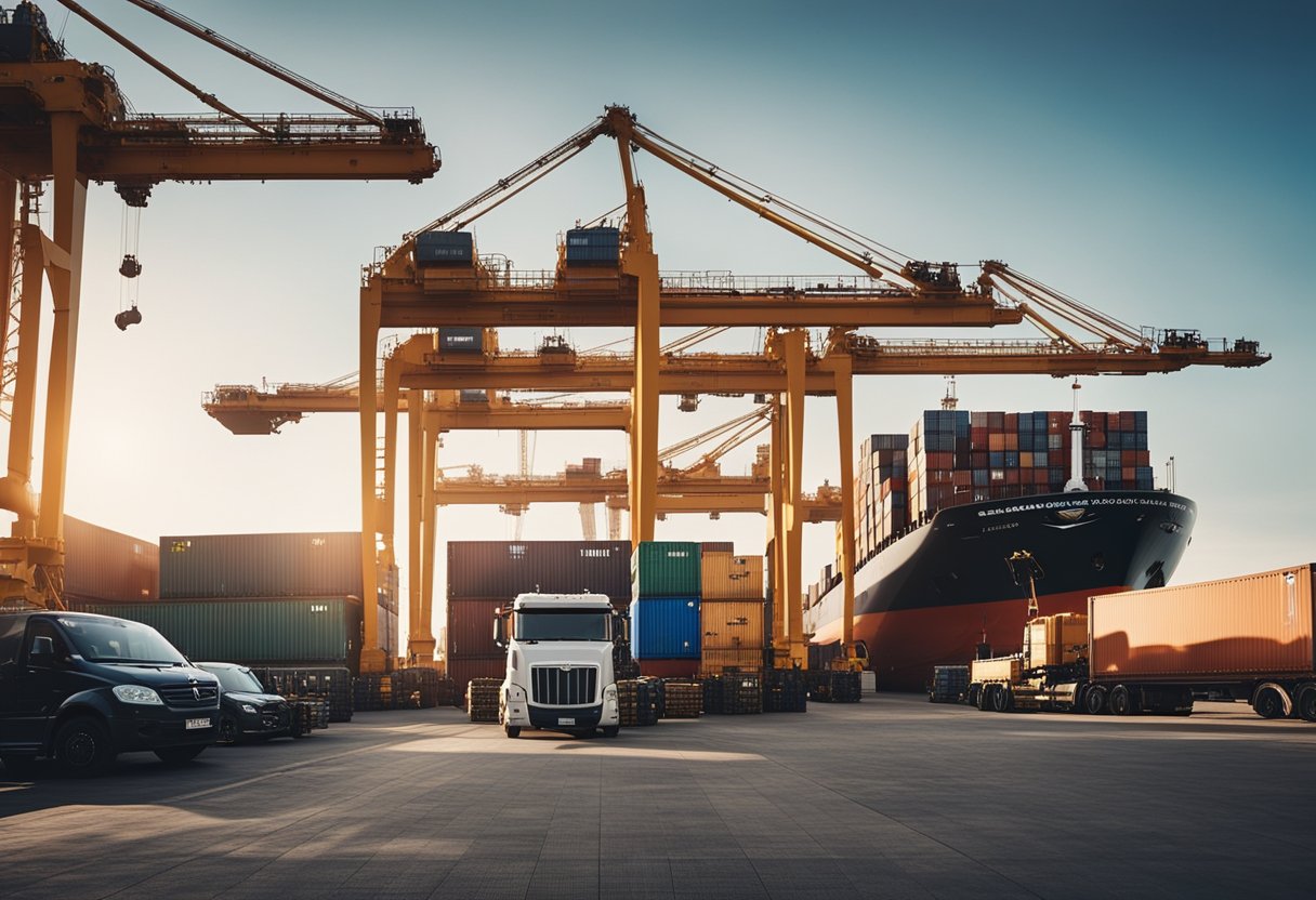 A bustling port near Berlin, Germany, with cargo ships unloading goods and cranes lifting containers onto trucks