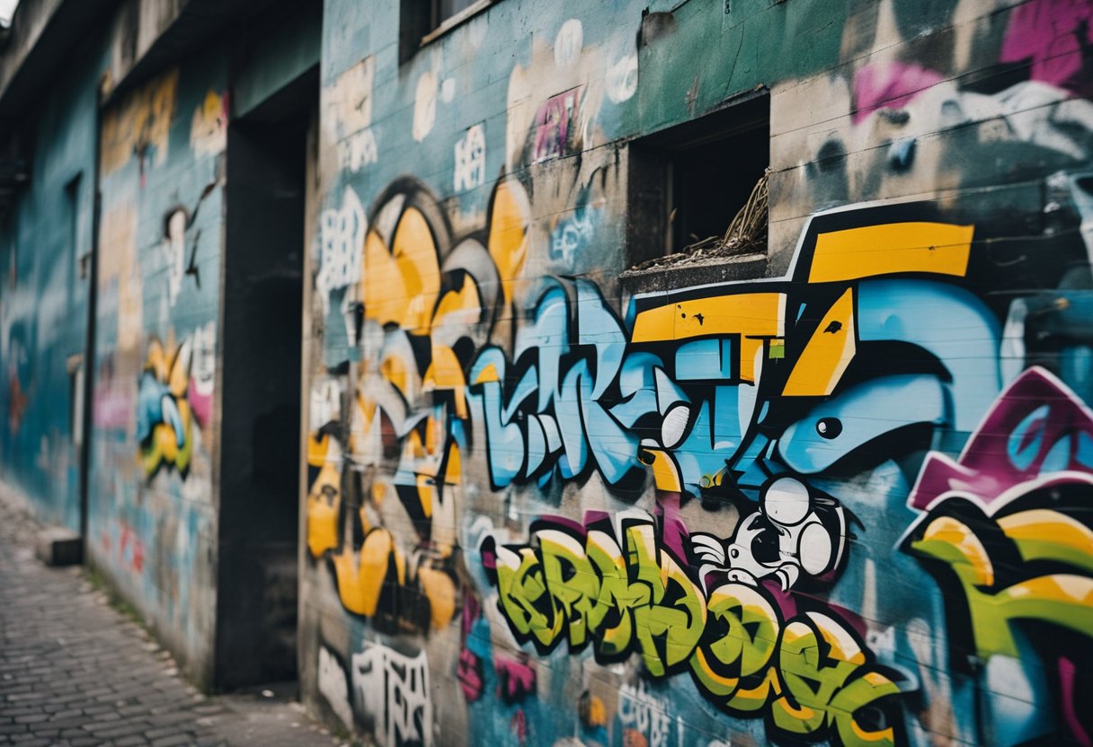 A graffiti-covered wall in Berlin, Germany with broken windows and discarded drug paraphernalia, depicting the prevalence of vandalism and drug-related crimes in the city