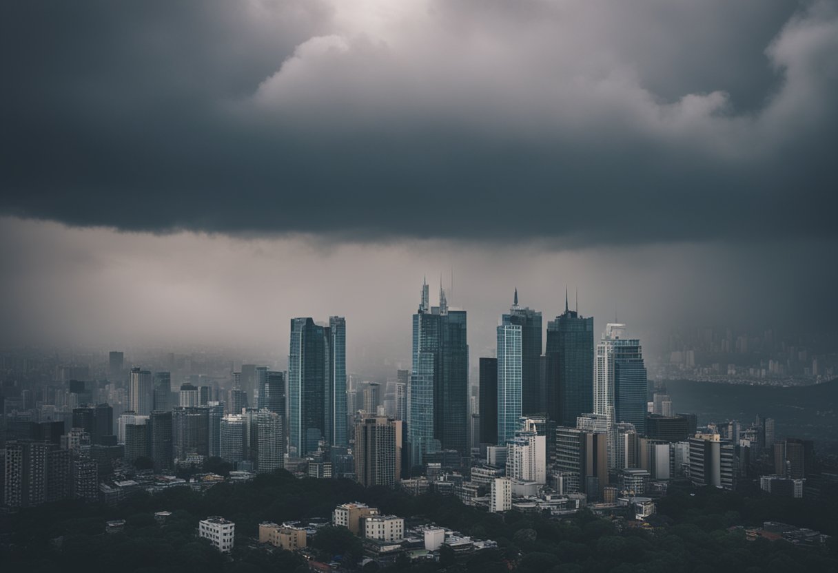 The sky is overcast with heavy clouds, and a light drizzle falls over the city. The temperature is cool, with a gentle breeze blowing through the streets