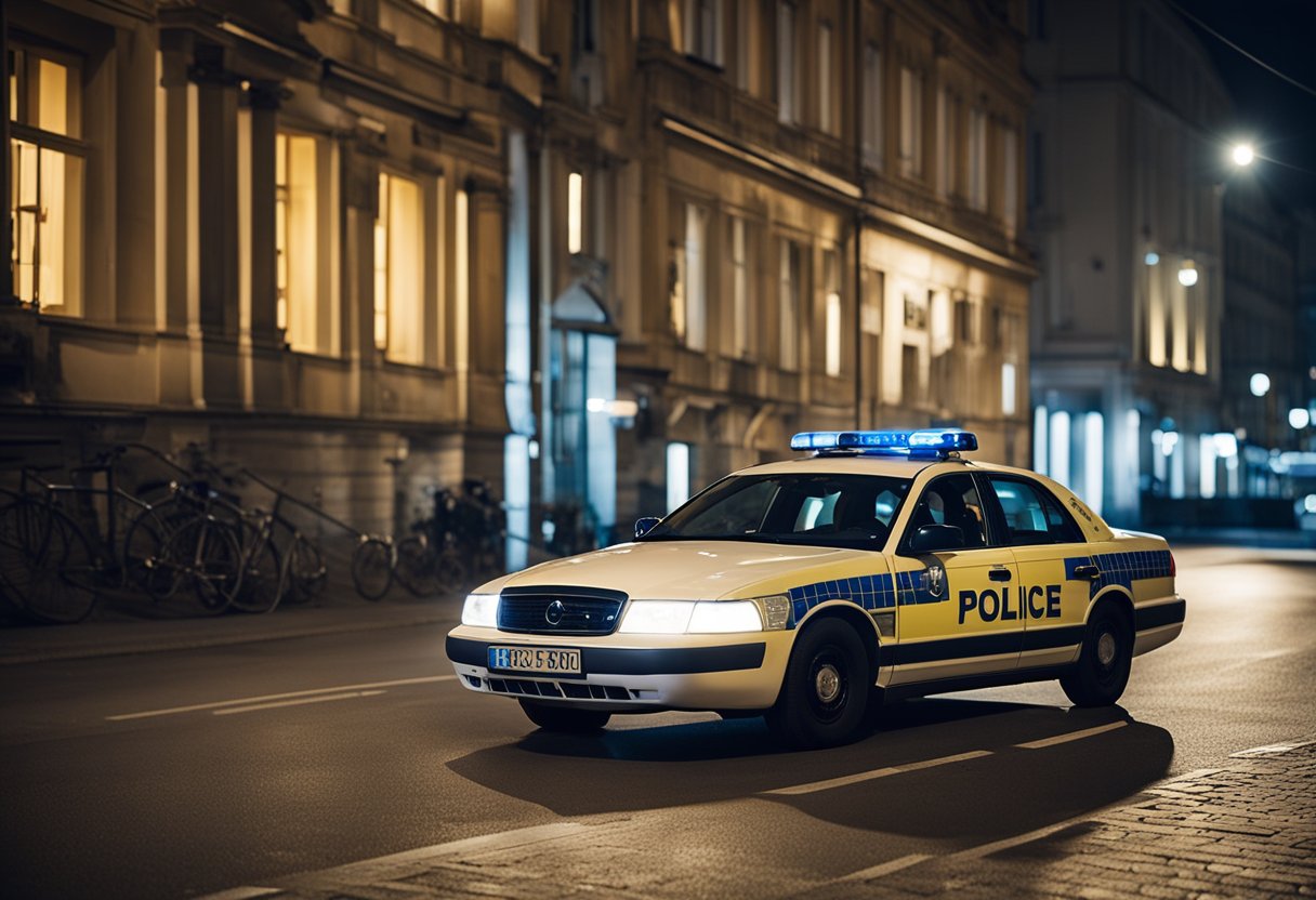 A police car patrols the streets of Berlin, Germany at night, casting a bright spotlight on dark alleys and deserted corners, deterring potential criminal activity