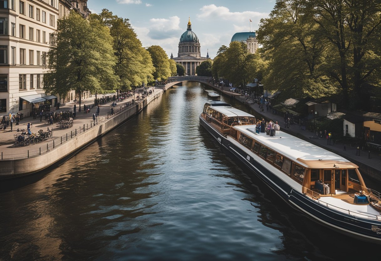 Boats navigating through Berlin's popular waterways, passing by iconic landmarks and bustling areas