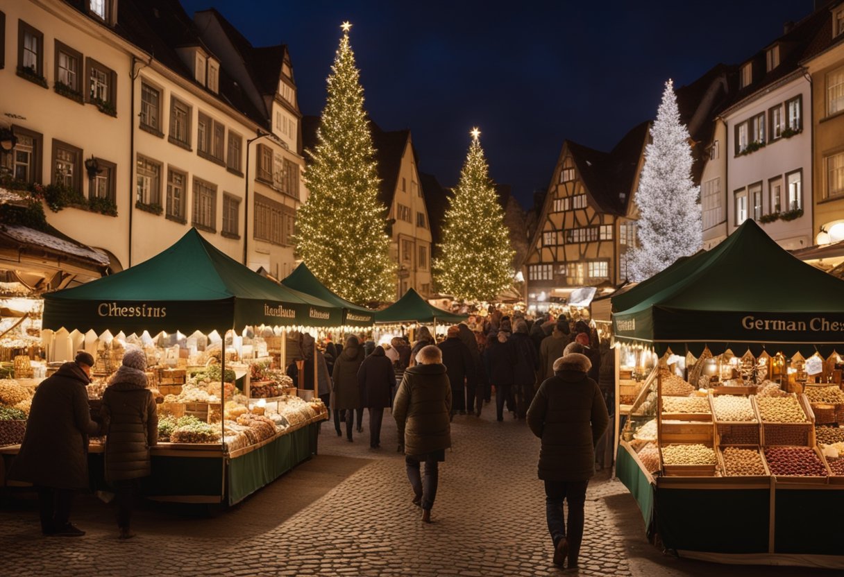 Festive stalls line cobblestone streets, adorned with twinkling lights and fragrant evergreen wreaths. The air is filled with the scent of roasting chestnuts and mulled wine, as visitors browse handmade crafts and traditional German treats