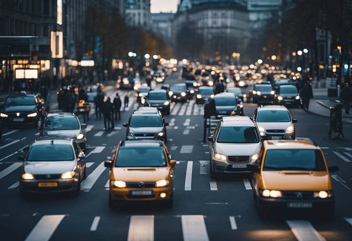 Busy Berlin street with cars stopped at a crosswalk, pedestrians waiting to cross, and traffic lights indicating when it's safe to walk