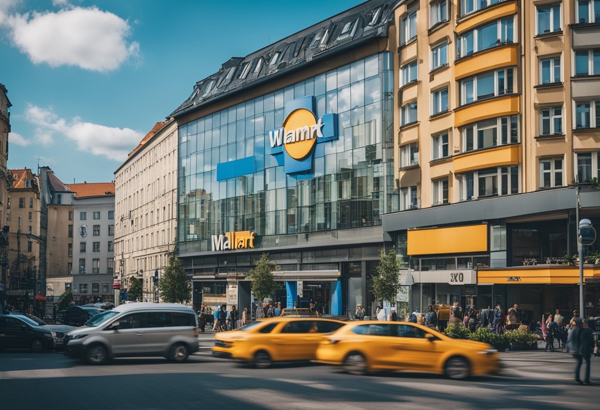 A bustling city street in Berlin with colorful buildings and a prominent Walmart sign