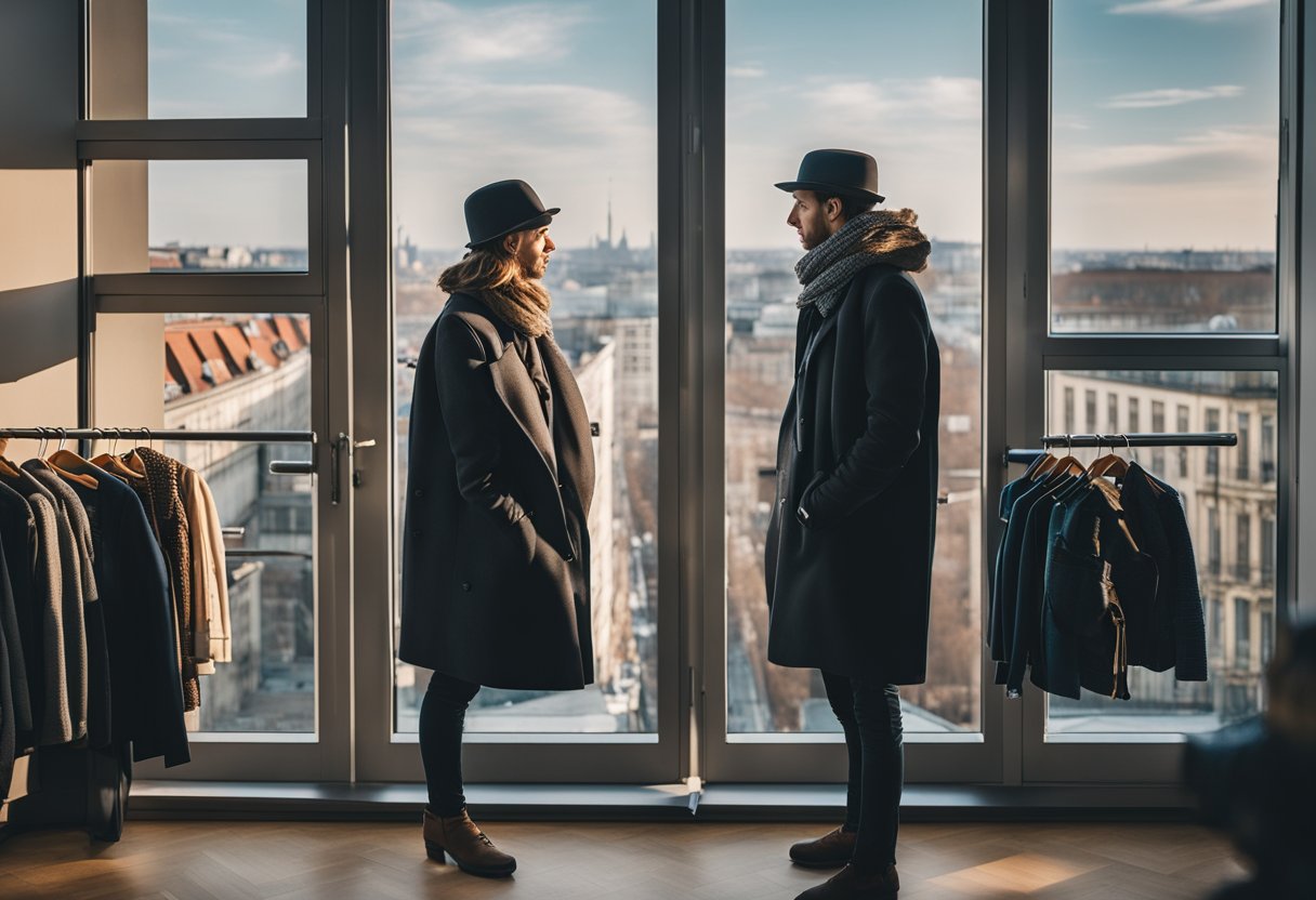 A person standing in front of a wardrobe with various clothing options, including jackets, scarves, and hats, while looking out a window at the city of Berlin, Germany