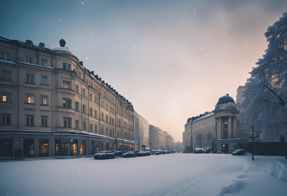 Snow covers the streets and buildings of Berlin, Germany. Snowflakes fall gently from the sky, creating a serene winter scene