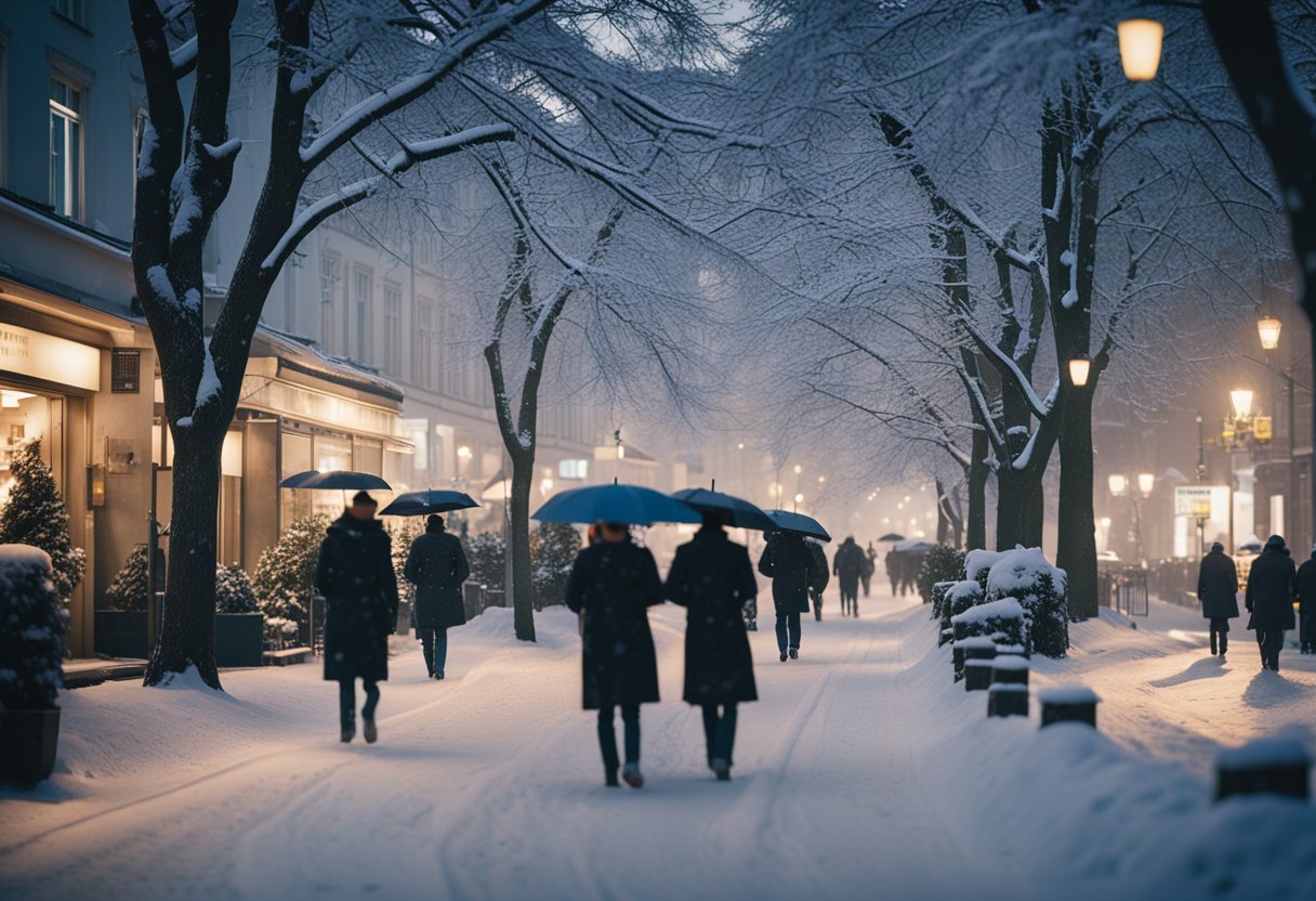 A snowy street in Berlin, with snow-covered buildings and trees, and people walking with umbrellas