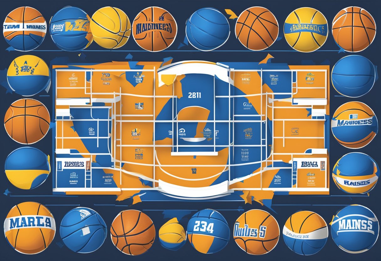 A colorful bracket chart with team names and logos, surrounded by basketballs and banners with "March Madness 2024" in bold letters