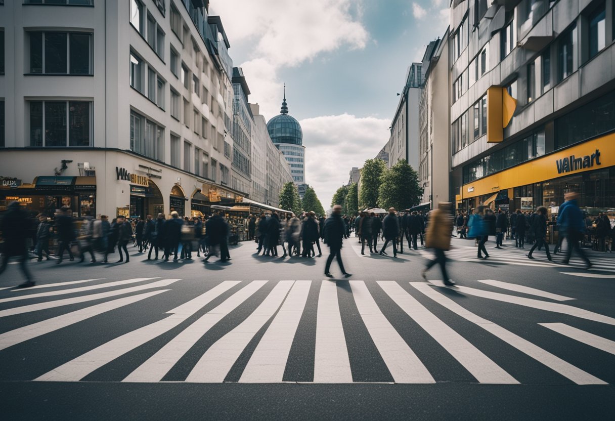 A bustling street in Berlin with a prominent Walmart storefront, surrounded by pedestrians and city buildings