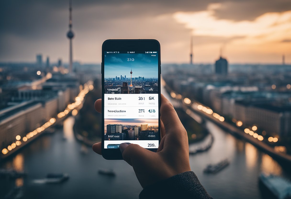 A person looking at a weather app on their phone with Berlin's skyline in the background, dressed in layers and holding an umbrella