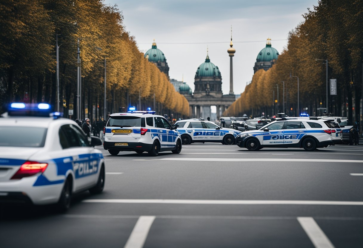 Police cars surround a crime scene in Berlin, Germany. Jurisdictional challenges complicate the investigation