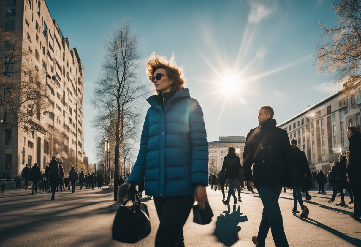 Sunny day in Berlin, blue skies, scattered clouds, temperature around 20 degrees Celsius, people walking outside with light jackets