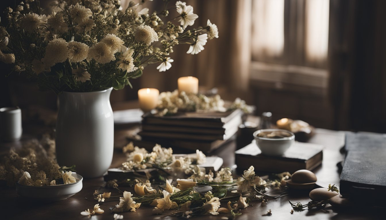 A dimly lit room with scattered objects and wilted flowers, symbolizing memory and depression