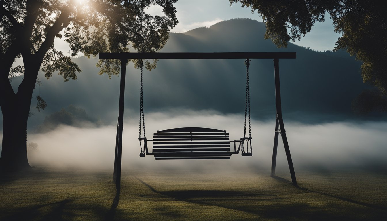 A dark cloud hovers over a foggy landscape, casting a shadow over a wilted flower and an empty swing set