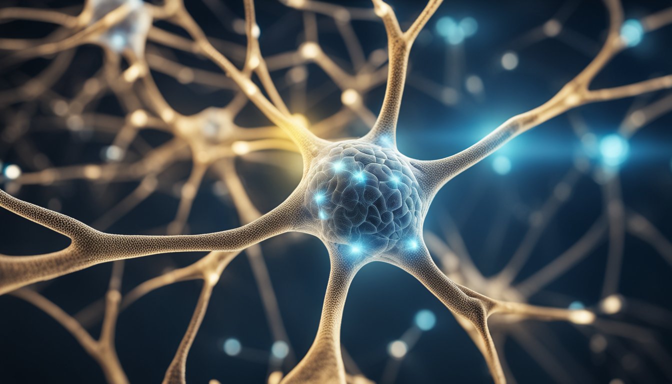 Neurobiological mechanisms of memory and depression: a network of interconnected neurons firing in the brain, with neurotransmitters passing between synapses