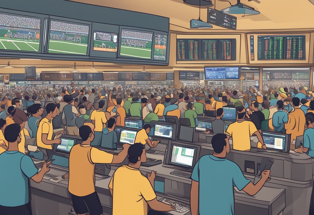 A crowded sportsbook with fans cheering, TVs broadcasting games, and betting slips being filled out at the counter