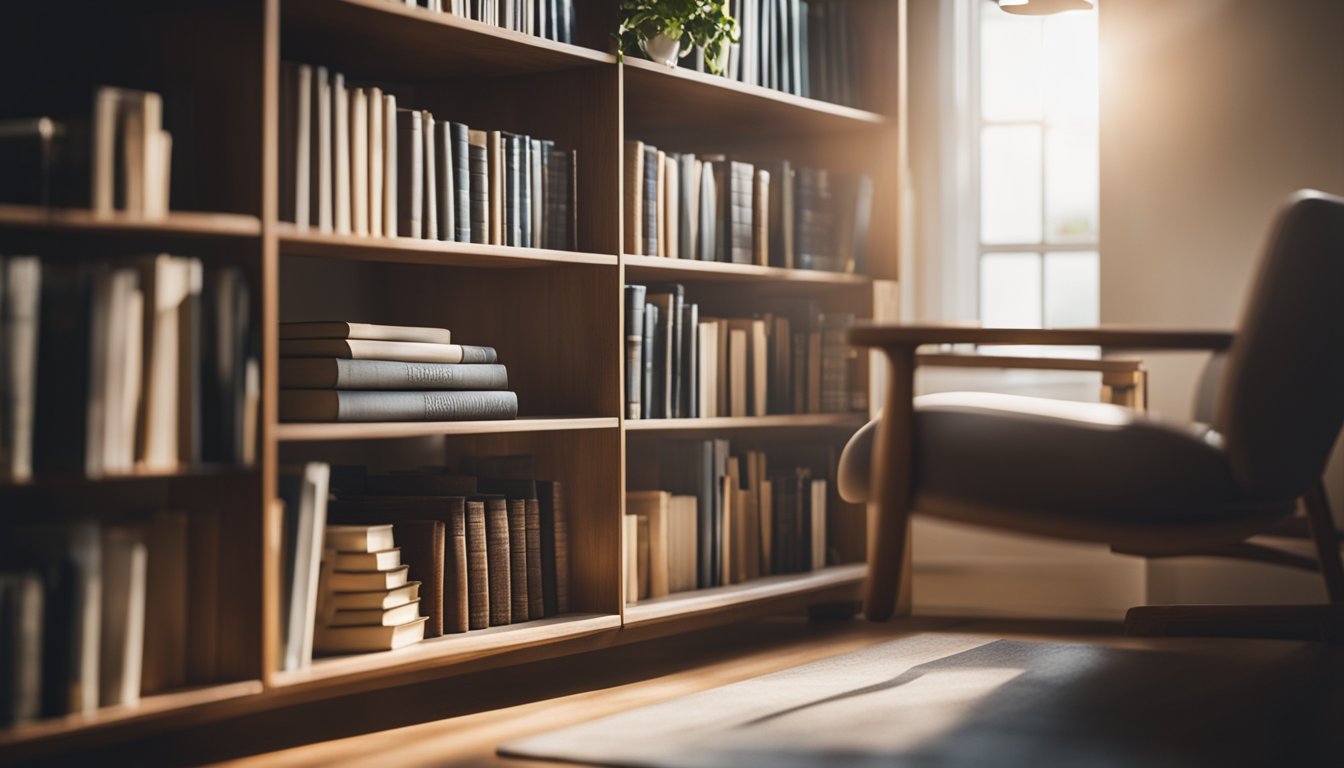 A serene setting with a bookshelf filled with self-help books, a comfortable chair, and soft lighting to create a calming atmosphere