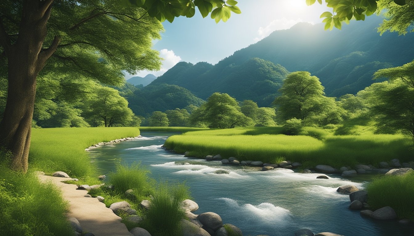 A serene landscape with a winding river, lush greenery, and a clear blue sky, representing peace and tranquility for the prevention and management of memory and depression