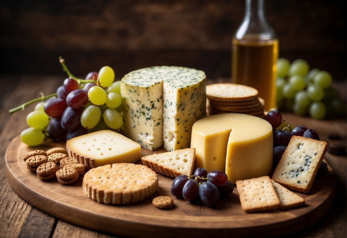 A variety of cheeses arranged on a wooden board with grapes and crackers scattered around