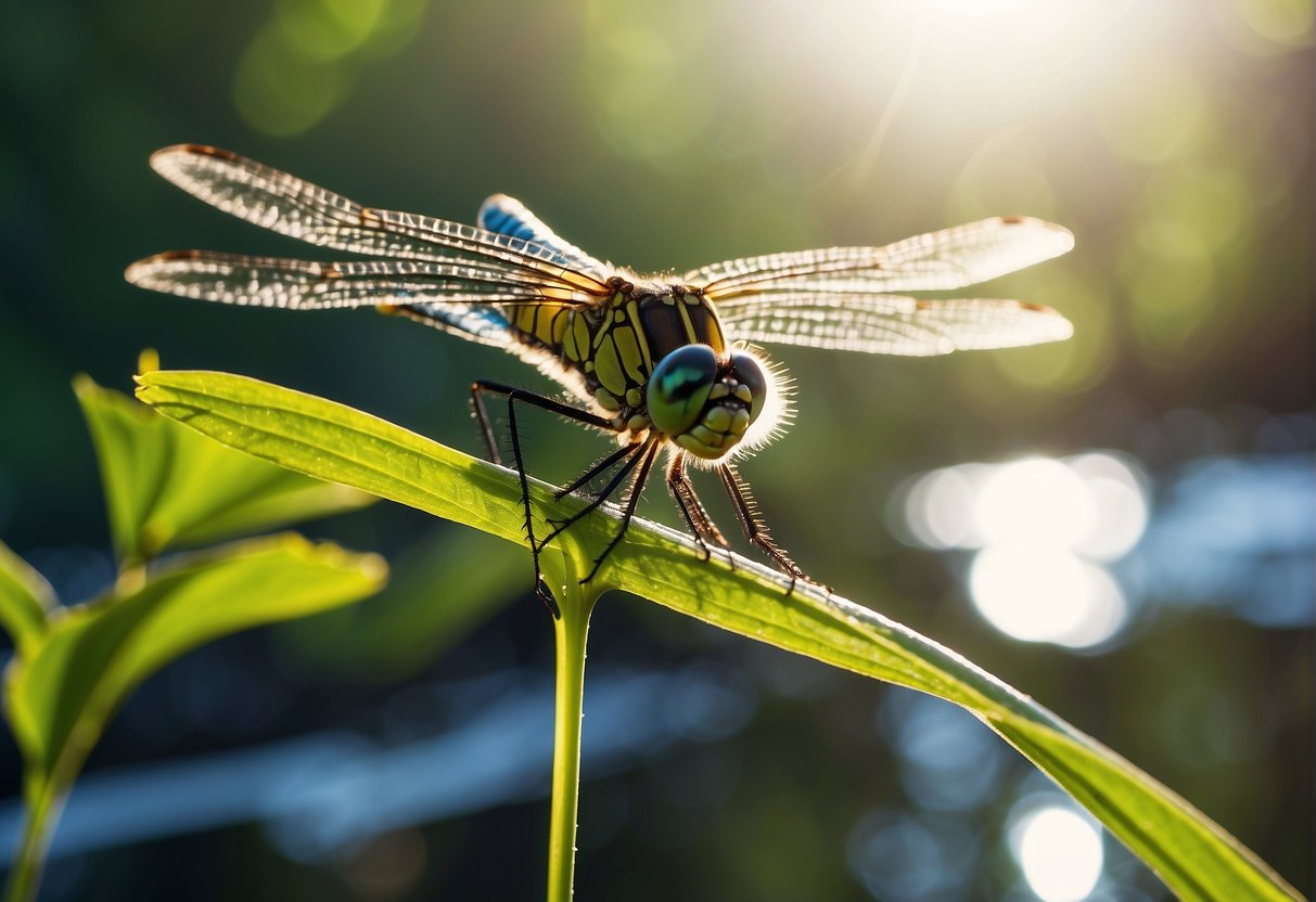 Dragonfly hovers over the methane lakes, collecting data and taking samples. Its wings glisten in the sunlight as it explores the alien landscape